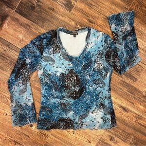 Street One Paisley Mesh Top – Blue Boho Long Sleeve | Size L (EU 42)
